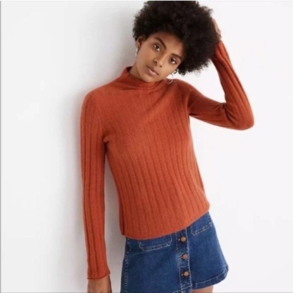 ♥️ Madewell Donegal Everest Mock Neck Wool Blend Rust Orange Sweater Size Medium - Picture 2 of 9